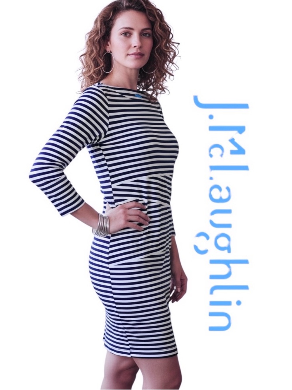 J. McLaughlin Dress Catalina Cloth Blue Striped Boat Neck Layers Pullover Sz XS